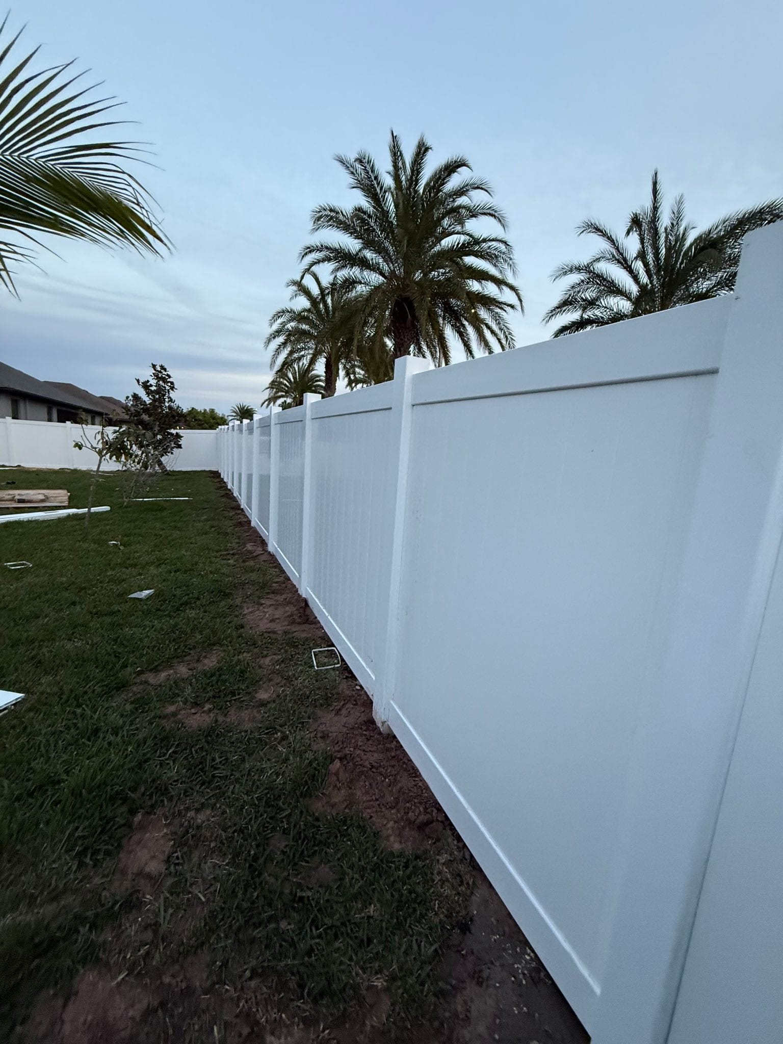 White vinyl privacy fence with Florida palms built by Wilson's Fencing