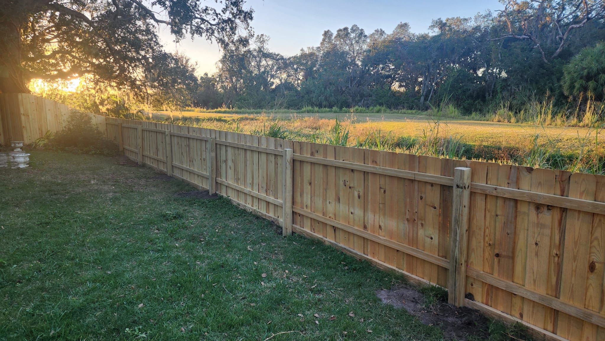 Wood privacy fence with cap rail built by Wilson's Fencing at sunset